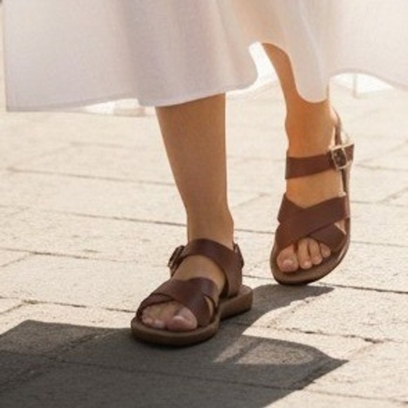 Flexmas Shoes - Flexmas Womens Brown Faux Leather Criss Cross Ankle Strap Flat Sandals Size 9